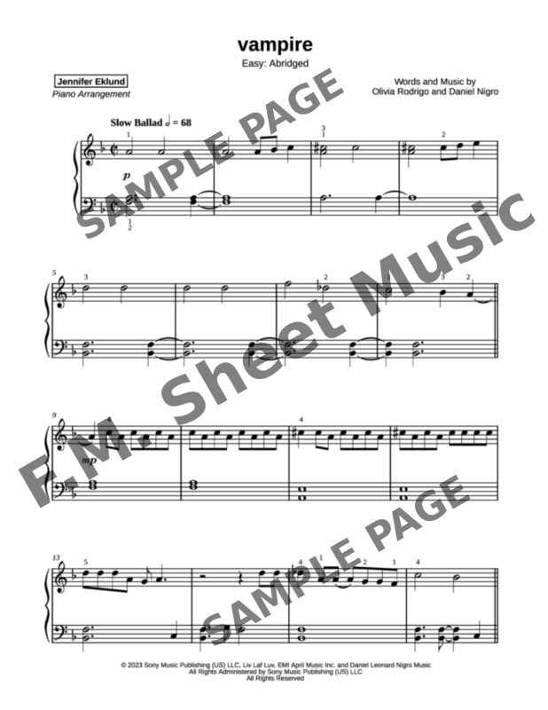 Vampire Easy Piano By Olivia Rodrigo F M Sheet Music Pop